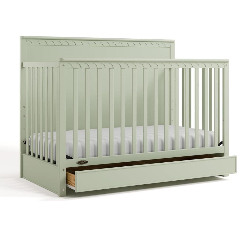 imageGraco Sasha 5in1 Convertible Crib with Drawer Frosted Oat GREENGUARD Gold Certified Wood Crib Converts to Toddler Bed Daybed FullSize Bed Stylish Classic DesignSage