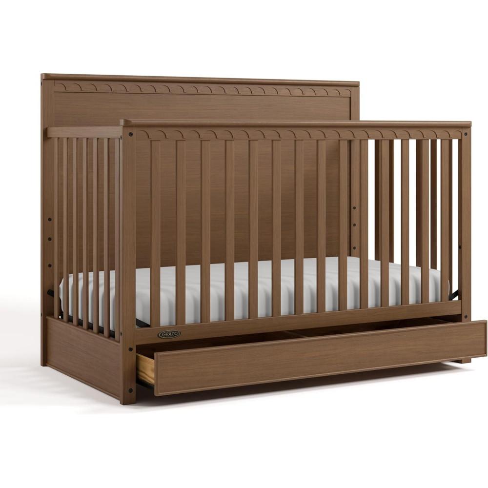 imageGraco Sasha 5in1 Convertible Crib with Drawer Frosted Oat GREENGUARD Gold Certified Wood Crib Converts to Toddler Bed Daybed FullSize Bed Stylish Classic DesignHazelnut