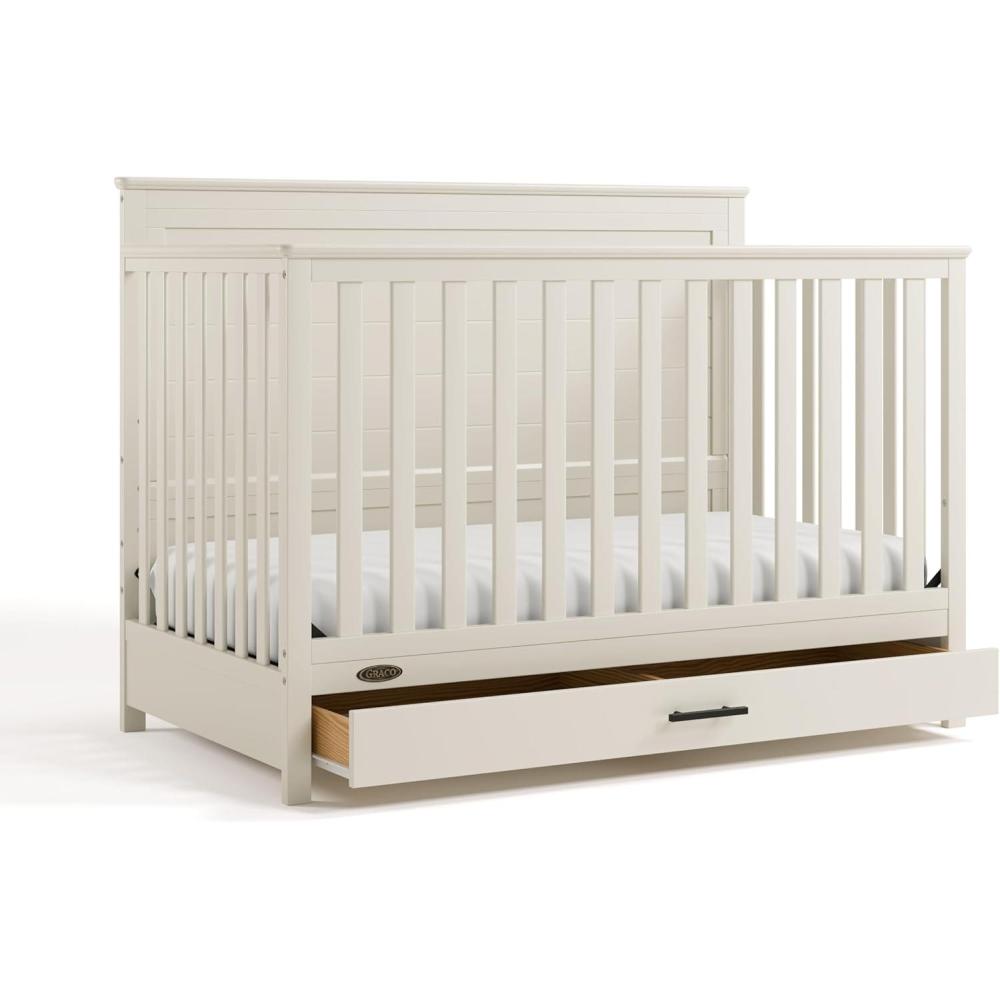 imageGraco Tristan 5in1 Convertible Crib with Drawer Frosted Oat GREENGUARD Gold Certified Fits Standard Crib Mattress Premium Handle Converts to Toddler Bed Daybed and FullSize BedFrosted Oat