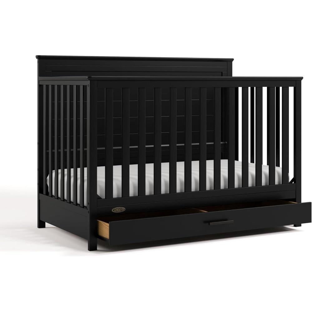 imageGraco Tristan 5in1 Convertible Crib with Drawer Frosted Oat GREENGUARD Gold Certified Fits Standard Crib Mattress Premium Handle Converts to Toddler Bed Daybed and FullSize BedBlack