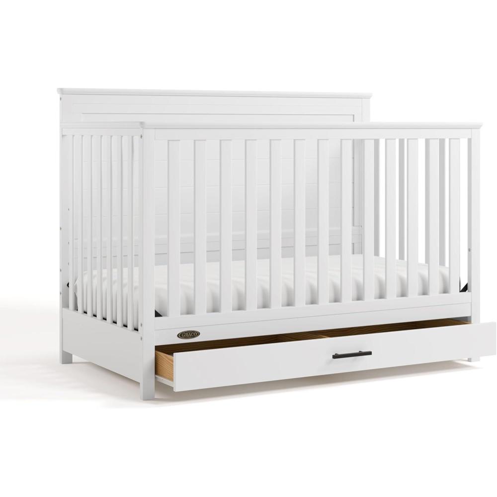 imageGraco Tristan 5in1 Convertible Crib with Drawer Frosted Oat GREENGUARD Gold Certified Fits Standard Crib Mattress Premium Handle Converts to Toddler Bed Daybed and FullSize BedWhite