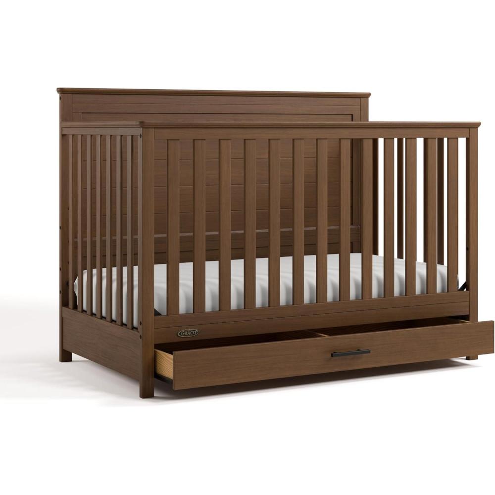 imageGraco Tristan 5in1 Convertible Crib with Drawer Frosted Oat GREENGUARD Gold Certified Fits Standard Crib Mattress Premium Handle Converts to Toddler Bed Daybed and FullSize BedHazelnut