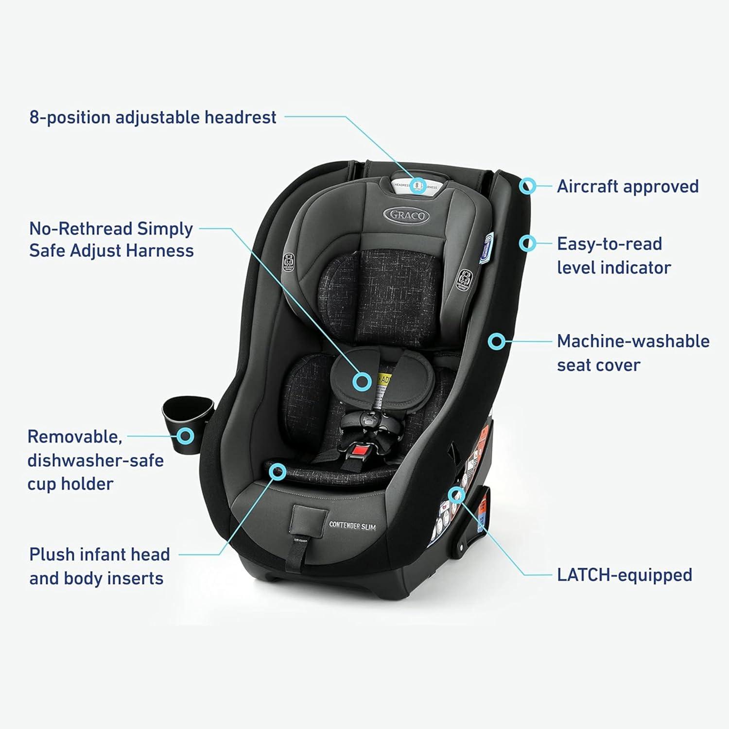 imageGraco Contender Slim Convertible Car Seat West Point Lightweight Travel Car Seat with Compact SpaceSaving Design RearFacing 540 lbs ForwardFacing 2265 lbs Easy to Transfer FAA ApprovedWest Point